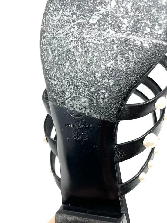 Chanel CC Logo Black Leather White Pearl Pearls Flat Strappy Sandals Slides 39.5 - Picture 8 of 9